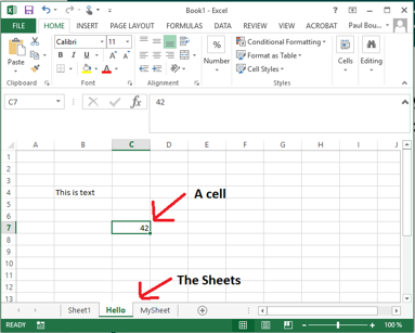 An open workbook in Microsoft Excel. At the bottom, you can choose the currently active sheet. A sheet consists of cells, of which one is highlighted.